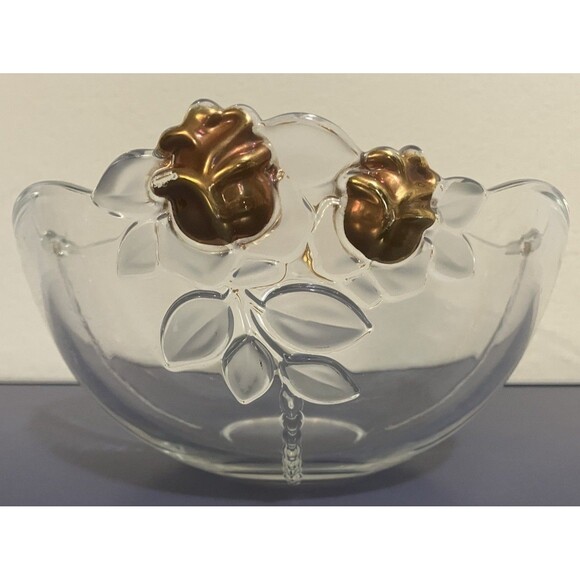 Mikasa Gilded Rose Gold Accented Frosted Leaf Crystal Clear  Bowl - Picture 1 of 16
